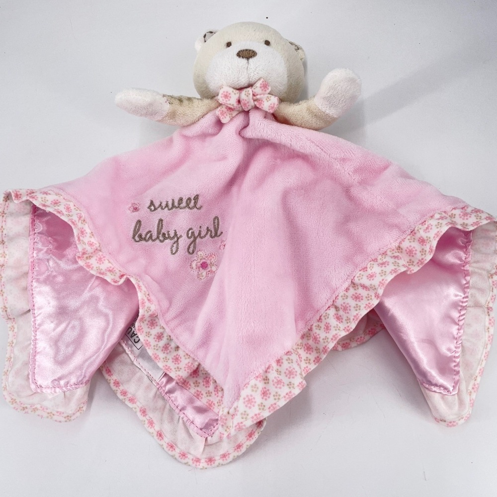 Carters Sweet Baby Girl Pink Bear Security Lovey Floral Ruffle Satin Back Rattle